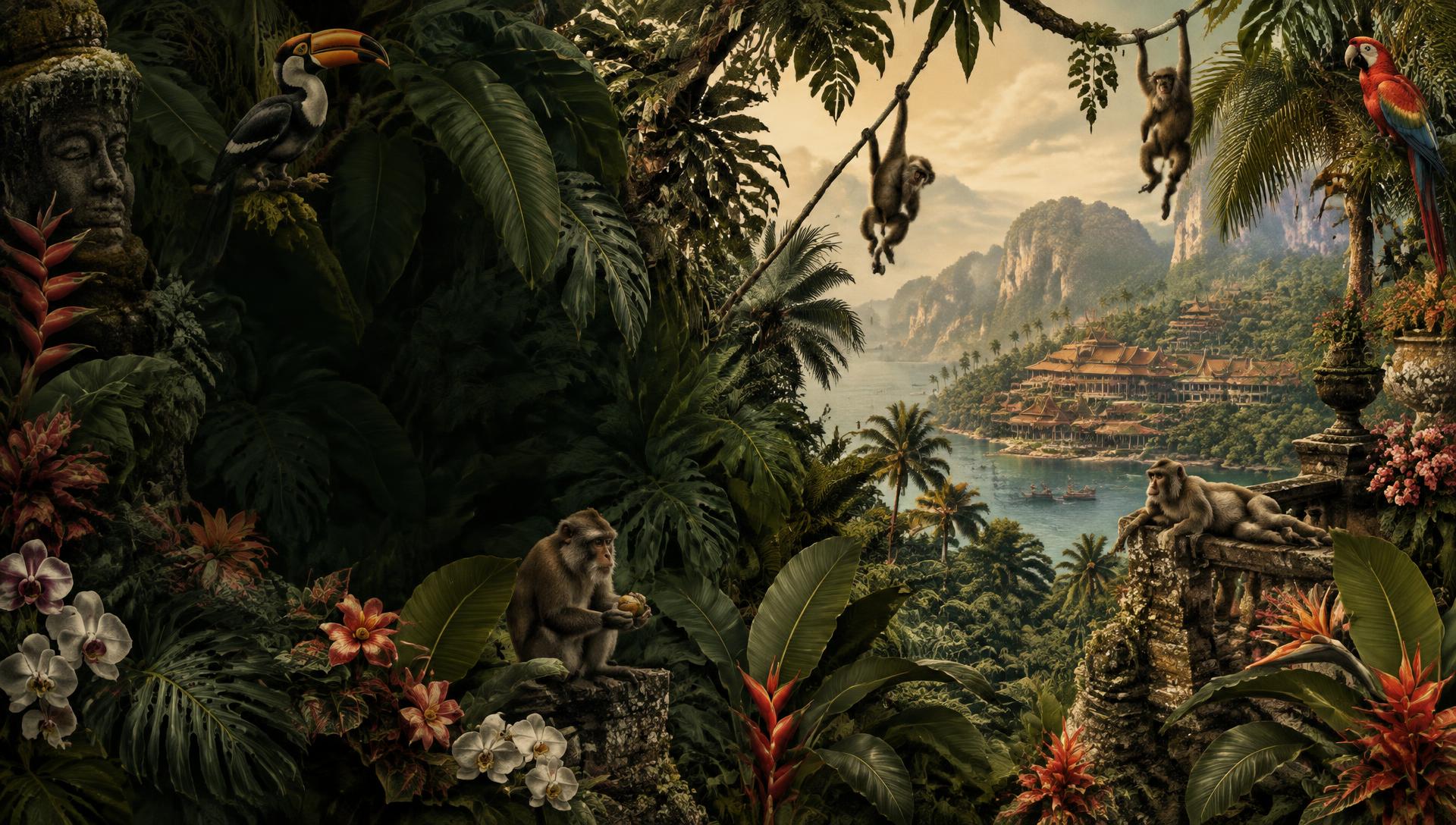Lush jungle scene with monkeys and parrots