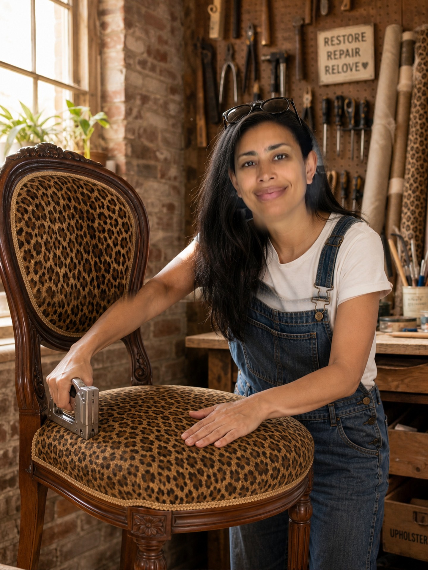 Jo Adetunji reupholstering a chair in her workshop